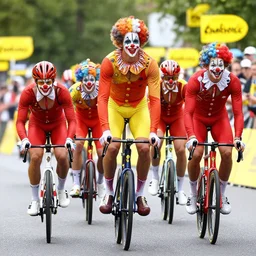 sports photo of troupe of clowns on unicycles in a bunch sprint at tour de france