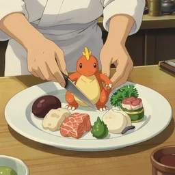a shot of a beautiful delicious plate of food, a hand crafted chef artisan meal made of nidoking, amazing food illustration, chef table, in style of studio ghibli, miyazaki, anime