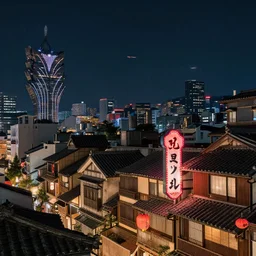 city at night, layered japanese kyoto vintage housing mixed with hong kong neon light sign, tower modern casino far away, space ship in the sky, edo era, photorealistic, redshift rendering