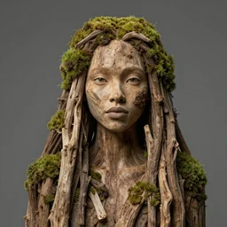 beautiful woman made of driftwood and moss, highly detailed, portrait, character art by Fiona Staples,