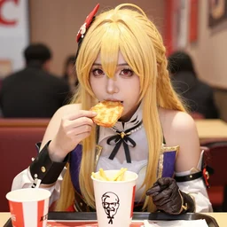 portrai photo still of real life lucina!!! ( fire emblem ) eating in a kfc, 8 k, 8 5 mm f 1. 8