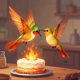 a flaming humingfirebird cooking a cake deviantart Greg rutkowski