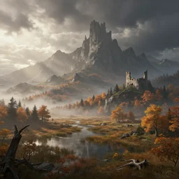 beautiful render of a autumn landscape, unreal engine, first light, majestic mountains, swamps, morning mist, dramatic clouds, big castle ruin, dark fantasy style, soft light, by greg rutkowski, cgsociety