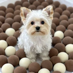 white yorkiepoo sitting in a pile of mochi, realistic, hd