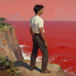 an attractive indian male standing on a cliff, looking out at a red ocean, jc leyendecker!! phil hale!, angular, brush strokes, painterly, vintage, crisp