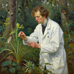 highly detailed oil painting of a a modern swedish biologist who studies various plants and animals in the forest, very realistic, art nouveau, dramatic light,