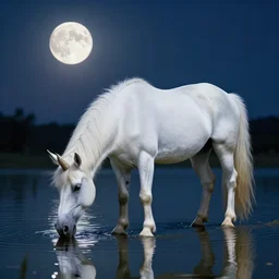 a photograph of a white unicorn drinking from a lake. the moon shines on the unicorn. beautiful artstation, incredibly realistic, high quality, 8 k, hdr, incredibly detailed.