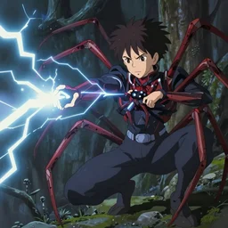 half - spider half - human wizard shooting lightning, in the style of makoto shinkai, greg rutkowski, artstation, concept art