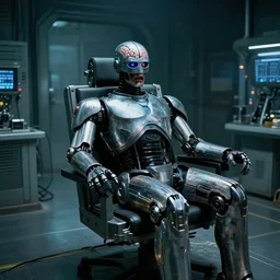 zombie infected robocop brain and eyeballs max headroom movie. breaking out of a robotic restraint chair in secret research facility. wide angle photograph from science fiction body horror movie.