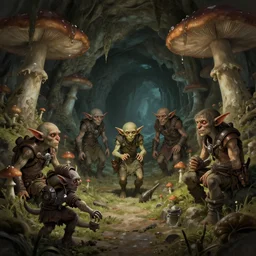 goblin miners in a mushroom cave, concept art, digital illustration, trending on artstation, deviantart, artgerm, epic composition, masterpiece, highly detailed, advanced technique, ambient lighting, wlop, ross draws