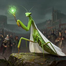 full shot of green human - sized mantis religiosa as a d & d mage wearing white cape ; 6 legs ; hestiastula head ; mantid features, standing on hill with magic wand in one hand ; big medieval army in the background ; fantasy drawing ; illustration ; artstation ; 8 k ; wallpapers ; heavy contrast ; cinematic art ; cgsociety ; art by greg rutkowski and thomas kinkade