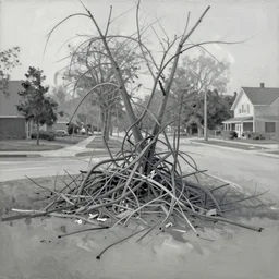 painterly warped wadded knotted heap, dull grey expressionism, masterful rendering of whereas the austere branches drifted in the breeze, nothing but a remnant of summer remained in this newly desolate suburban park. late mornings have never shone so indifferently upon this once - vibrant street ; the sky white as clay with no sun.