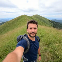 a selfie photo taken by an italian man while hiking on a grassy hill, wide angle