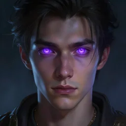 portrait of a young man with glowing purple eyes, fantasy, highly detailed, cinematic lighting, digital art painting by greg rutkowski