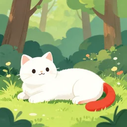 white cat with red tail laying at sunny forest, colourful illustration