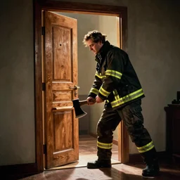 jean - paul sartre in the shining with sharp fireman's axe chopping down door, cinematic still,