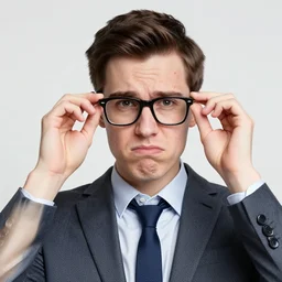 the most annoying nerd 🤓 of all time adjusting his glasses, pimples on his face, buck tooth, sitting in front of a pile of books
