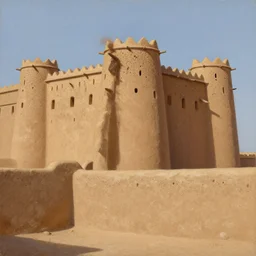 high quality realist painting of a west african fortress made of mud bricks, timbuktu very detailed, digital art.
