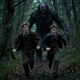 daniel radcliffe and elijah wood running away from a grotesque monster in the dark in a forest in a horror movie set in the 1 8 0 0's, high quality screengrab 4 k cinematic