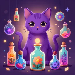 purple cat, magic, vibrant vials, centered, symmetrical, aesthetically pleasing, insane details, digital art, deviantart, artstation, ambient light, 8 k