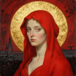 Woman masterpiece, red, golden halo behind her head, by Edgar Maxence and Ross Tran, Zdzisław Beksiński, and Michael Whelan, distant, gustav dore, H.R. Giger, 8k, octane render