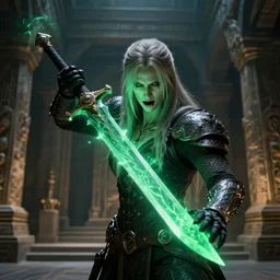 vfx film closeup, soul reaver, raziel irl, legacy of kain soul reaver, price of persia movie, missing jaw, hero pose, devouring magic souls, glowing green soul blade, in epic ancient sacred huge cave temple, flat color profile low - key lighting award winning photography arri alexa cinematography, hyper real photorealistic cinematic beautiful, atmospheric cool colorgrade