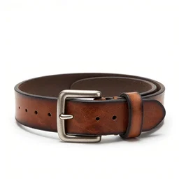weathered leather belt, studio product photography, isolated on a pure white background, centered, entire object in frame, sharp focus, soft studio lighting