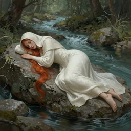 wide angle, cloaked woman, sleeping on rock in river, white green brown blue color palette, eyes closed, forest, female, d & d, fantasy, intricate, elegant, highly detailed, long red hair, digital painting, artstation, octane render, concept art, matte, sharp focus, illustration, hearthstone, art by artgerm, alphonse mucha johannes voss