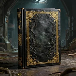 by peter blume and studio ghibli, visually stunning, cinematic, * * ultra realistic, hyper realism, 1 2 k, epic, octane render, unreal engine, vfx, maya, * * this book seems to be made of black leather, veins are vines, sci - fi abandoned warehouses, the cover is slightly ajar, and is adorned with intricate golden patterns