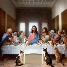 jesus cat in the last supper with all cats instead of people