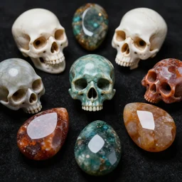 material study, in shapes of skull strange exotic gemstones, beautiful, colorful, sharp focus, highly detailed, 4 k, black background