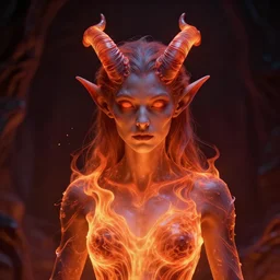 A portrait of a tiefling woman made out out translucent fire that looks kind of like a lava lamp, with curving horns and blank eyes, 4k