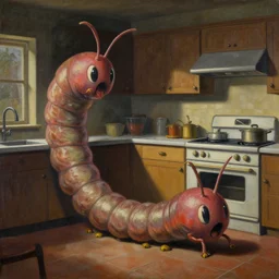 painting of a giant worm in the kitchen, vintage, dark