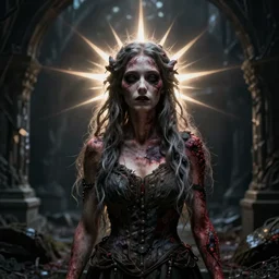 a portrait of a mysterious goddess being with leprosy in an enclosed dark damp liminal post apocalyptic space, unreal engine, ultra realism, atmospheric lighting, epic, magical feel, creepy, surreal
