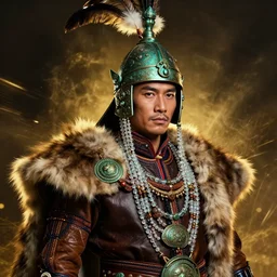 beautiful portrait depicted an tai ethnic group warlord, thai male face, andy liu, clothed with an glass beads, dongzon bronze artifacts, leather, elegant and rich cloth made of fur and leather. he wears on head a helmet made of bronze, feathers. by daniel f. gerhartz and artgerm and greg rutkowski. dark fantasy art, energetic mood, golden ratio composition, dynamic lighting, trending on artstation, poster, volumetric lighting, 4 k