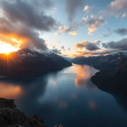 landscape photography by marc adamus, glacial lake, sunset, dramatic lighting, mountains, clouds, beautiful