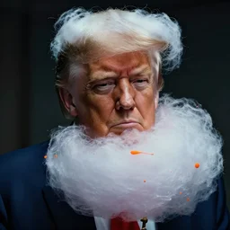 dramatic lighting photo of a beautiful donald trump with cotton candy hair. paint splashes. moody and melancholy. with a little bit orange