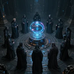 a quantum computer surrounded by a dark cabal of multiple hooded elven mystics in long dark robes gathered in a circular formation, dan seagrave art, michael whelan, artstation, cgsociety, epic scifi fantasy art