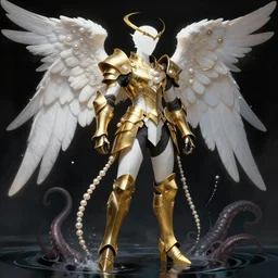 knight with angel vibe in heavy gold and white armor, full body silhouette. dark water, tentacles, cyberpunk pearl armor, futuristic fantasy, highly detailed, digital painting, trending on artstation, concept art, sharp focus, illustration, art by artgerm and nixeu and greg rutkowski and magali villeneuve.