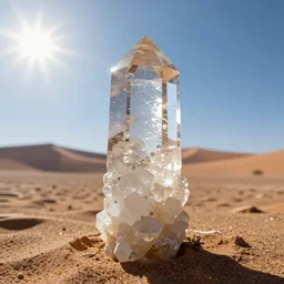 prismatic quartz crystal emerging from the namibian desert, at high noon, night, high detail, by frederic church, by kent monkman, by caspar david friedrich