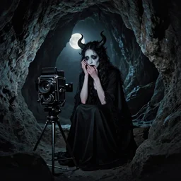 a masterpiece surreal photograph of a gothic demon goddess of grief, sorrow and despair, inside a rocky cave, moonlight, by alfred hitchcock, shot on large format film camera, cinematic composition,