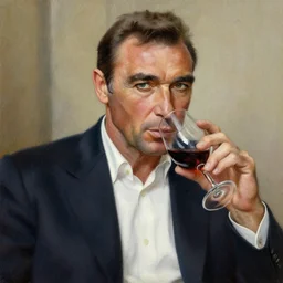 detailed realistic oil painting of Sean Connery drinking wine