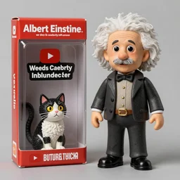 albert einstein as celebrity influencer advertising dead cats on his youtube channel, stop motion vinyl action figure, plastic, toy, butcher billy style