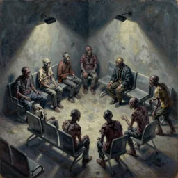 zombies waiting in a waiting room, eerie, liminal, isometric, oil on canvas,