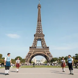 “an hyper realistic picture of the Eiffel tower in Paris with only traditional clothed bavarian people”