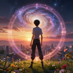 galaxy, art by ismail inceoglu, render, detailed, photorealistic, photorealistic dramatic anime boy, trending on pixiv, full hd, magic circle, landscape, photorealistic, sunsets, flowers, global illumination, block cities, digital painting, mirrors