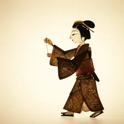 shadow puppet show of an old japanese woman plucking a string from the chest of a giant bear, black and white