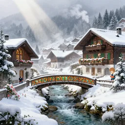 a snow covered swiss village, ornate, beautiful, atmosphere, vibe, mist, smoke, chimney, rain, well, wet, pristine, puddles, waterfall, clear stream, bridge, orange, green, stained glass, forest, flowers, concept art illustration, color page, 4 k, tone mapping, doll, akihiko yoshida, james jean, andrei riabovitchev, marc simonetti, yoshitaka amano, digital illustration, greg rutowski, volumetric lighting, sunbeams, particles, rembrandt