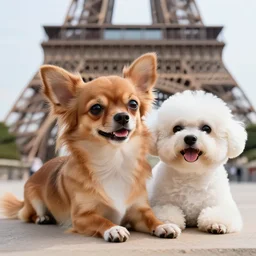 a photorealistic closeup image of a cute brown colored long haired chihuahua cocker spaniel dog with a happy white bichon frise dog in paris laying in front of the eiffel tower. brightly lit. extreme detail. 4 k hd unreal engine