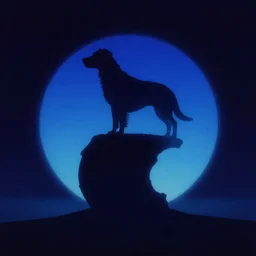 silhouette of a ball in front of it is a silhouette of a dog. perspective landscape fantasy science fiction. high contrast, strong shadows. deep colorful soft gradients, rich blue tones, dark background. by norman rockwell, eyvind earle, and moebius. sci - fi artstation